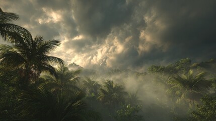 Aerial view of misty green palm forest.