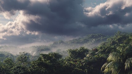Dark stormy clouds over tropical rainforest jungle.