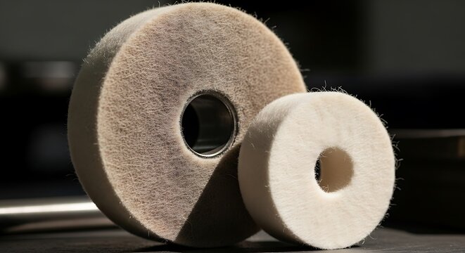 Close-up of two abrasive grinding wheels with central holes.