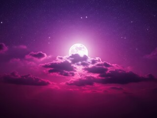 Full moon shining brightly behind clouds in a purple night sky