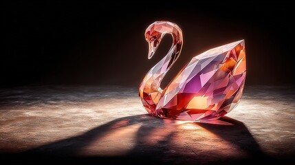 Close-up iridescent crystal swan on black, holographic glow, gallery-grade fine-art print ready