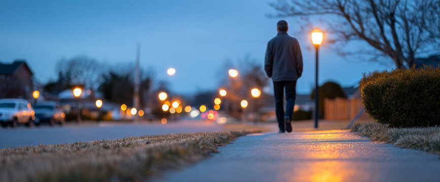 Man walking alone on suburban sidewalk at dusk with streetlights glowing and blurred background of houses and parked cars