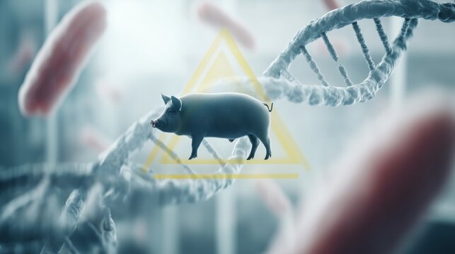 Pig standing on DNA helix with warning sign showing African Swine Fever concept