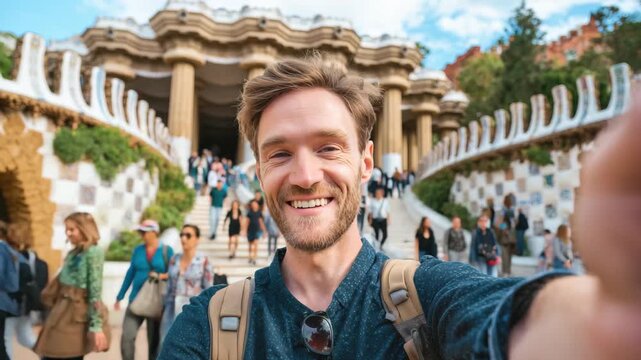 Man enjoying a sunny day while taking a selfie at Park Guell in Barcelona surrounded by colorful architecture and many visitors exploring the area