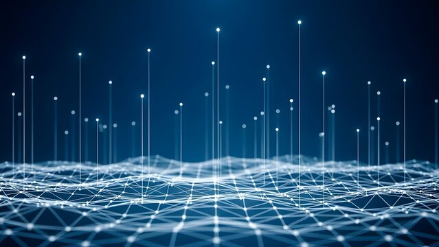 Abstract digital landscape with rising lines and connected dots on blue