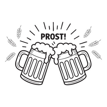 Two beer mugs clinking with frothy foam and P R O S T text toast prost