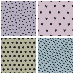 Seamless polka dot, mottled and hearts patterns set. Vintage retro background with black and purple blue pink green muted faded colors. Hand-drawn brush strokes. Can be used for wrapping paper, fabric
