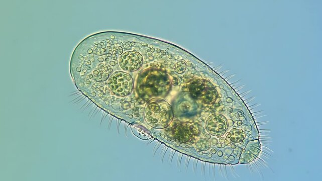 Paramecium bursaria under microscope, endosymbiotic green algae, single-celled organism video