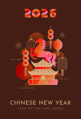 Chinese New Year 2026 Fire Horse Design with Lanterns, Fireworks, and Decorative Symbols on Dark Background. Poster Design Vector Illustration.