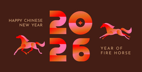 Bold Typography 2026 with Running Fire Horse Illustration for Chinese New Year Celebration on Dark Brown Background. Poster Design Vector Illustration.