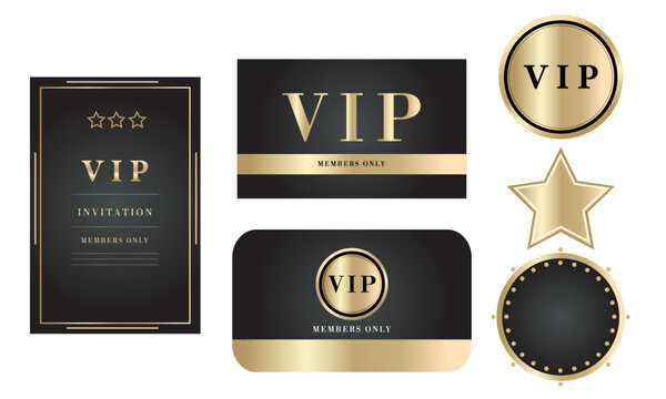 A set of stylish elements in black and gold for VIP invitations, badges and cards.Suitable for premium events, club memberships, branding