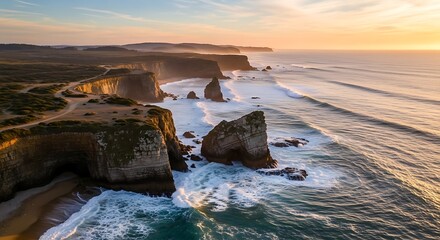 Coastal Cliffs and Ocean Waves at Sunset - A Scenic Landscape.