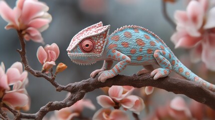 A bright chameleon on a branch with blossoming buds conveys the beauty of nature, fitting perfectly as a natural backdrop for articles on biodiversity or children's books.