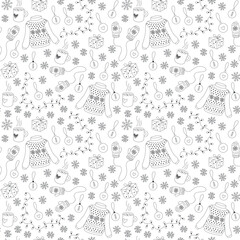 Winter Christmas seamless pattern, background with knitted sweaters, mittens, snowflakes, gifts, decorations and mugs of tea in vector. Cozy festive vibes. Black and white, outline contour drawing.
