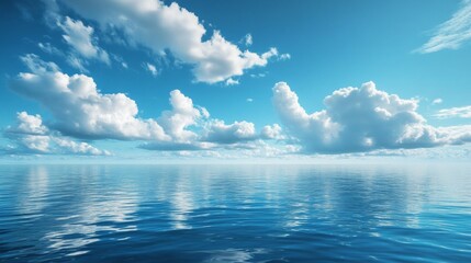 The boundless ocean under a bright sky with clouds creates an atmosphere of calm and freedom, ideal as a backdrop for meditative apps or presentations about nature.