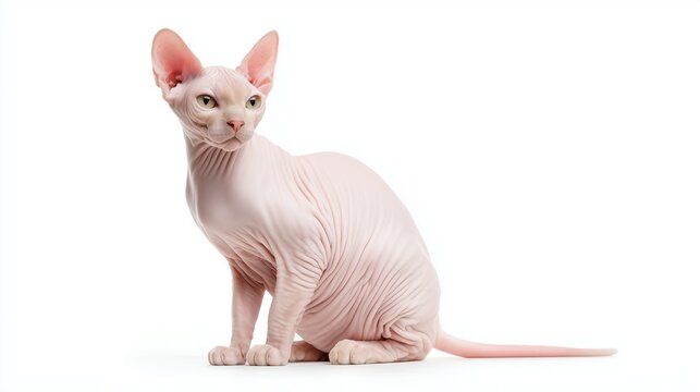 Sphynx cat sitting calmly against a white background in a studio setting - Powered by Adobe