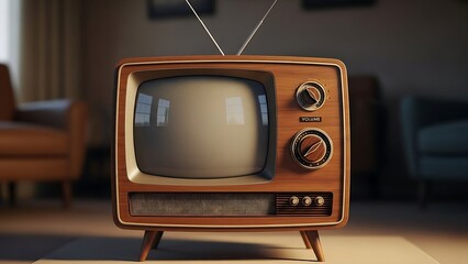 A high-quality image of the antique television's wooden texture and the reflection on its curved glass screen.