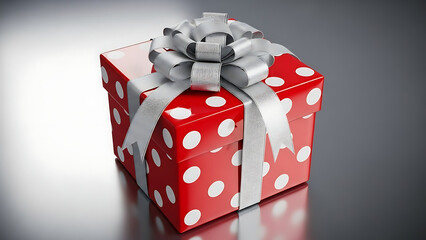 Red gift box with white polka dots and silver ribbon and bow