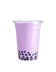 A purple taro bubble tea in a sealed plastic cup, a sweet and nutty milk tea with boba, isolated on white background for a trendy look