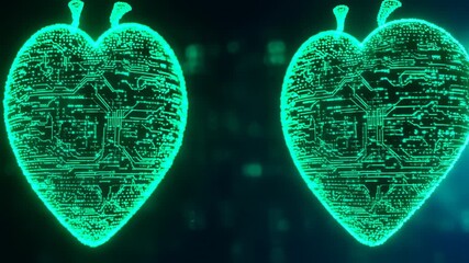 Two glowing heart-shaped circuits in neon green against a dark backdrop - Powered by Adobe