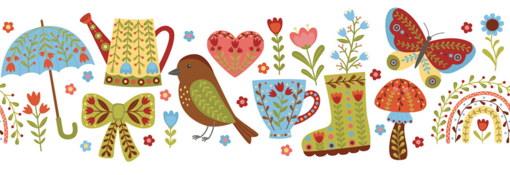 Seamless border with decorative spring elements in folk style. Horizontal pattern with umbrella, bird, boot, flowers, heart, mushroom etc.