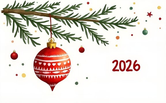 2026 Christmas ornament on fir branch, doodle illustration with watercolor fill, childlike naive style, for holiday greeting card decoration. High quality