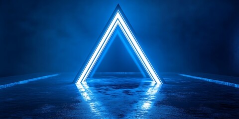 Illuminated triangle portal with reflective floor in a dark blue futuristic space setting creating a modern look