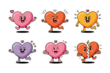 Fototapeta premium Collection of six cute cartoon hearts with arms and legs expressing different emotions and actions isolated on transparent background