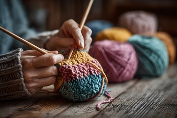 Hands Knitting with Various Yarn Balls colored Image background