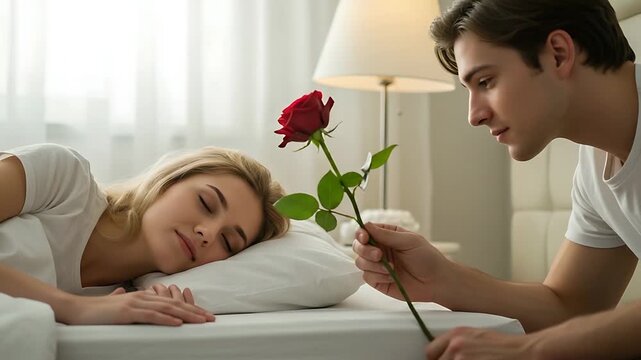 Romantic surprise: Young man presents a red rose to his sleeping girlfriend in bed in the morning