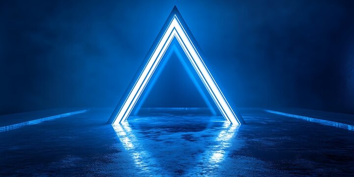Illuminated triangle portal with reflective floor in a dark blue futuristic space setting creating a modern look