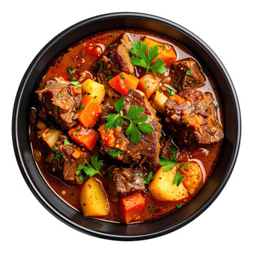 A generous serving of rabo de toro oxtail stew with potatoes, a complete spanish meal, isolated on white background