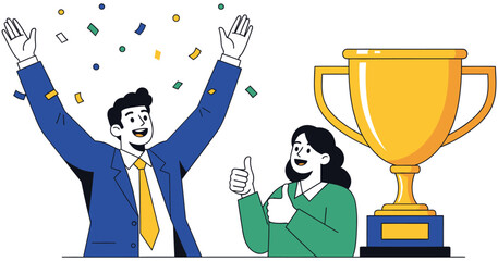 Dynamic team celebrating victory with golden trophy and confetti symbolizing success and achievement