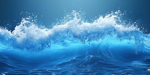 A large ocean wave cresting with white foam and spray against a blue gradient background