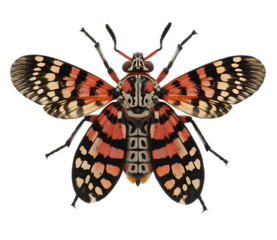 Detailed top view of a vibrant red and black striped insect with intricate wing patterns isolated on transparent background