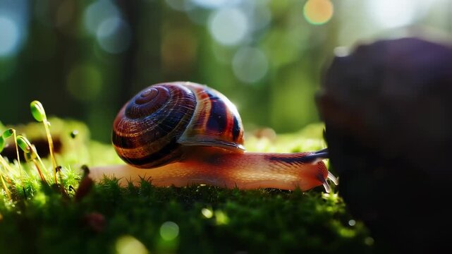 A macro shot of a snail crawling across moss, with blurred background and sunlight illuminating its shell