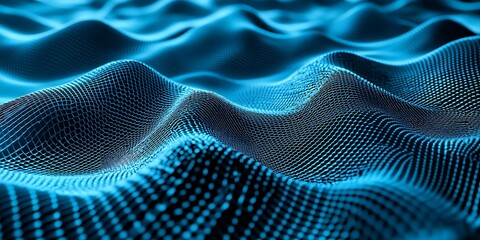An abstract rendering of a blue grid landscape with undulating waves and subtle light variations