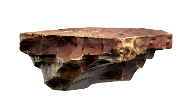 A rough layered reddish brown and yellow mineral rock specimen with a reflective surface isolated on transparent background