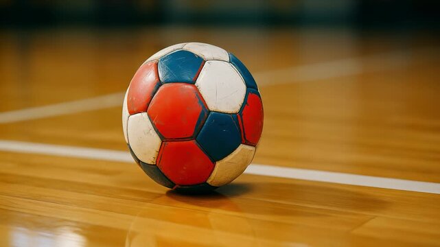 worn-out soccer ball sits prominently on gym floor in close-up view. scuffed surface football by countless games and intense practice sessions. heavily used soccer ball resting on polished gym floor.