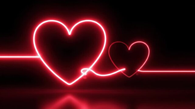 Two glowing red neon heart shapes connected by a continuous light line on a dark black background, symbolizing love and romance in a modern style