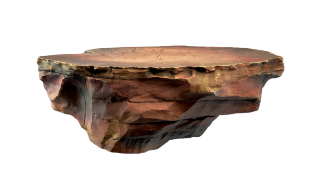 A realistic textured natural rock formation with layered sedimentary strata and rough edges isolated on transparent background