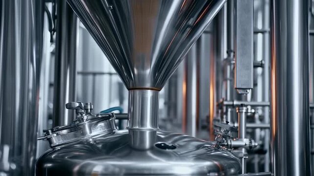 Industrial stainless steel machinery close-up, featuring conical funnel and cylindrical tank