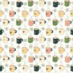 Cozy morning in winter pattern with mugs of tea, or coffee, and snowflakes. Cute cartoon hand drawn illustration. Seamless background in vector for fabrics, printing, packaging, web design.