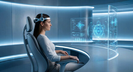 A woman interacts with advanced mind control technology in a sleek futuristic setting