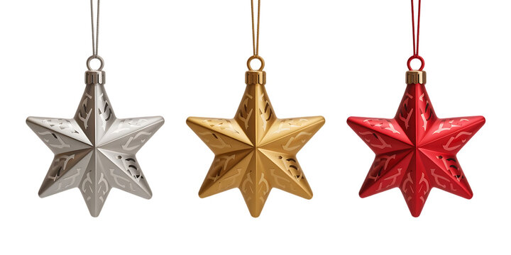 Three festive star shaped christmas ornaments in silver gold and red hanging isolated on transparent background