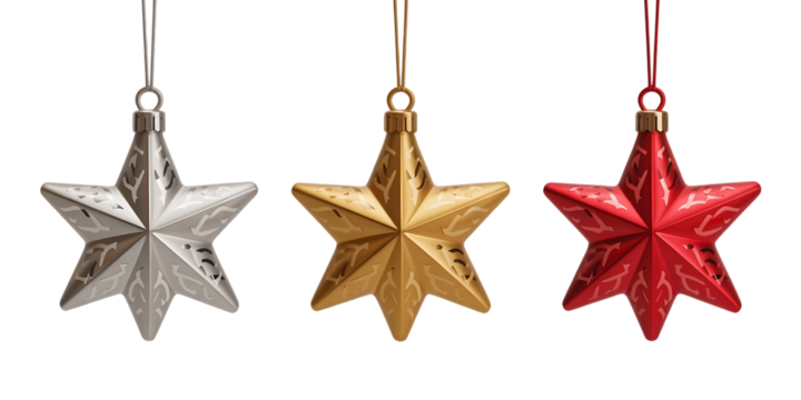 Three festive star shaped christmas ornaments in silver gold and red hanging isolated on transparent background