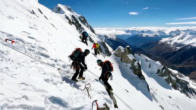 Mountain Climbers Ascending Snowy Peak on Sunny Day