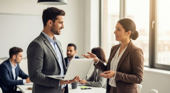 Two professional business colleagues, a man and woman, discuss a project on a laptop while standing in a modern, sunlit office during a team meeting with other coworkers