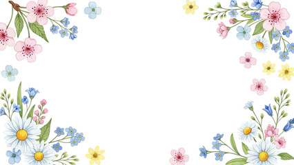 Vector illustration of a spring floral corner frame with chamomile, cherry blossoms, and forget-me-nots on a white background