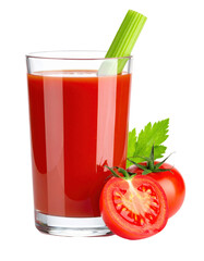 Bright red tomato juice with a celery stick garnish in a tall glass, a healthy drink, isolated on a white background